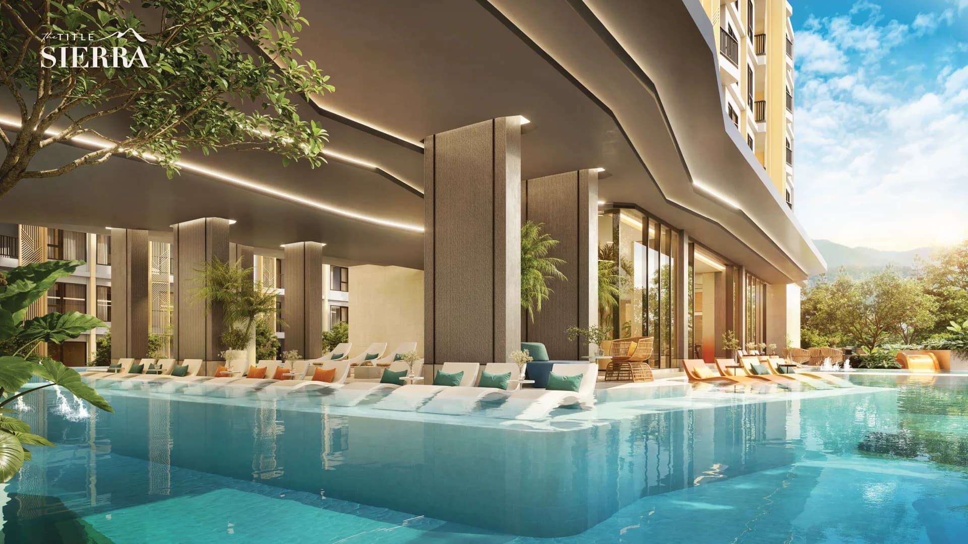 Beach Lounge on the second-floor pool deck: in-water loungers under the timber canopy