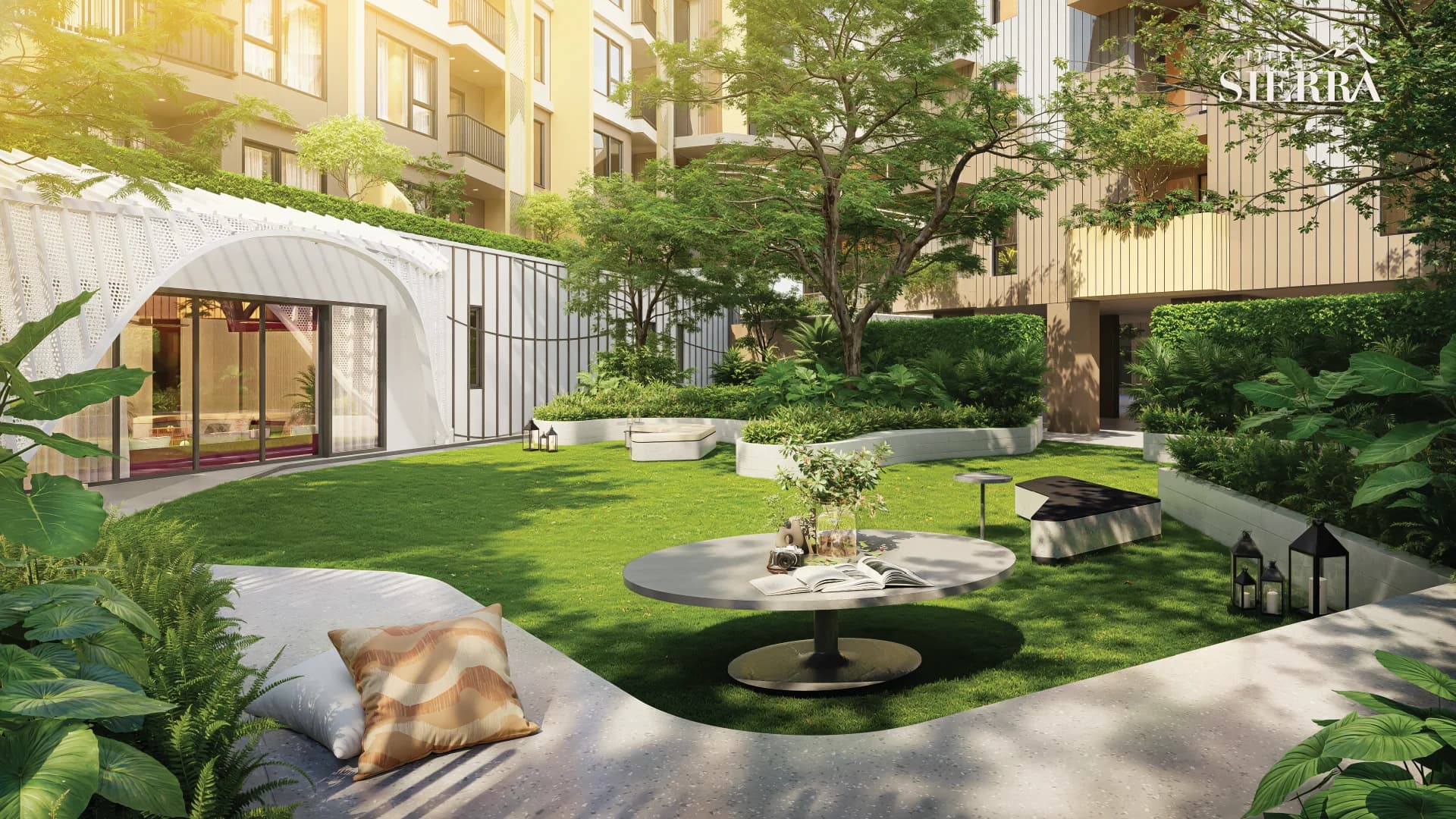 Ground-floor garden lawn with daybeds and the white arched pavilion