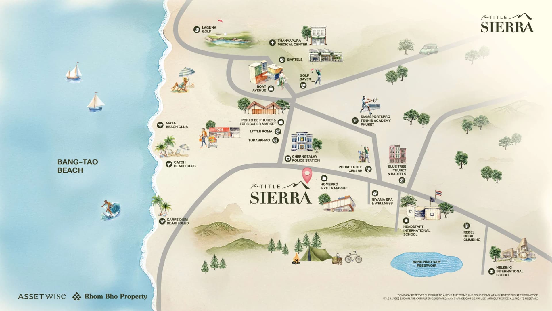 Map of the area: The Title Sierra next to HomePro and Villa Market, Boat Avenue, Porto de Phuket, the international schools and Bang Tao beach